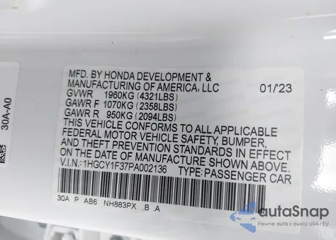 2023 Honda Accord Ex from USA, damaged, VIN 1HGCY1F37PA002136